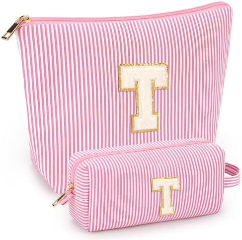 2 PCS Initial Makeup Bags for Women: Cosmetic Bag for Travel Toiletry - Birthday Gifts for 11 12 13 14 15 16 17 18 Years Old Girl Graduation Teacher Gift- Teen Girl Gifts Trendy Stuff - Pink T by mibasies
