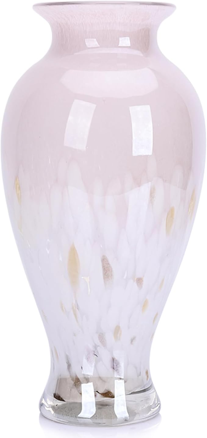 Hand Blown Glass Vase 11.8" Tall Beautiful Pink Sea Wide Mouth Bud Vase for Table Centerpiece, Painted Colorful Murano Glass Flower Vases for - Home Entrance Wedding Center