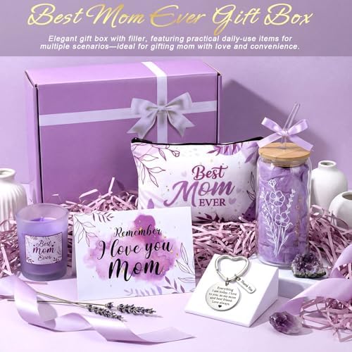 Bokon 6 Pcs Birthday Gifts for Mom Best Mom Ever Gifts Box Set with 16oz Glass Cup Scented Candle Makeup Bag from Daughter Son for Wife Mother Day Party(Purple) - Image 2