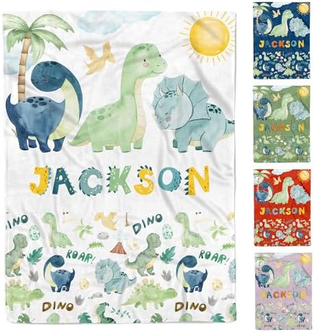 MDPrints Custom Baby Blankets for Boys, Customized Baby Boy Gifts with Name, Personalized Baby Blankets, Soft Plush Fleece (Dinosaur 235) by MDPrintsGlobal