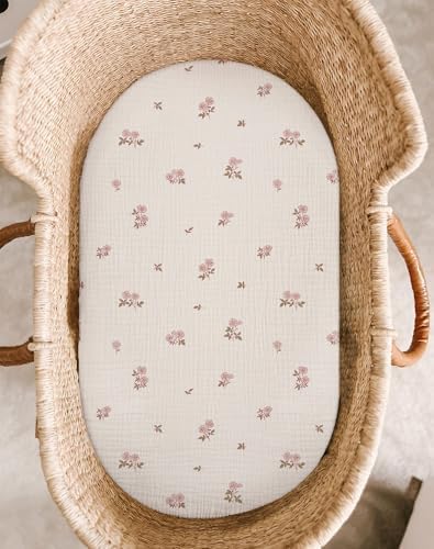 Muslin Bassinet Sheets 2 Pack, 33" x 17", (Vintage Blossom & Pink) - Image 2