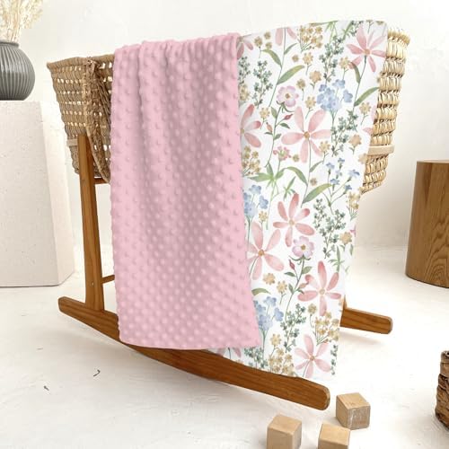 Boho Floral Baby Blankets for Girl Boy Pink Blossom Leaves Soft Mink Dotted Backing Double Layer Swaddle Receiving Blanket Spring Wildflowers Plant Bed Throws for Newborn Toddler Crib Stroller 30x40 - Image 6