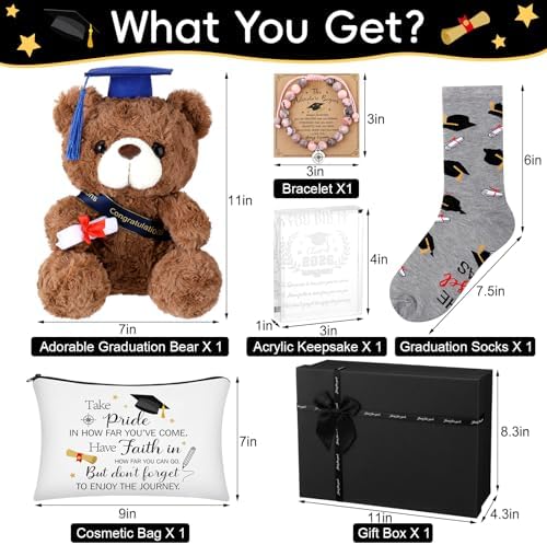 Baderke Graduation Gift Set for Her 2026 Meaningful Congrats Grad Gifts with Compass Bracelet, Memory Bear, Keepsake Plaque, Socks and Makeup Bag for High School or College Graduate(White) - Image 3