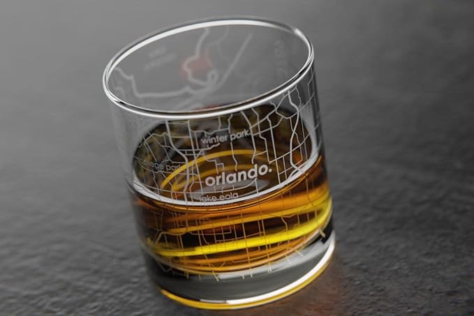 Well Told Engraved Orlando Florida Map Rocks Glass, Old Fashioned Whiskey Glass (11 oz, Clear) Etched Whiskey Glass, Gifts For Whiskey Lovers