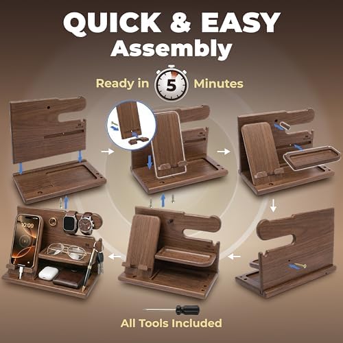 TESLYAR Wood Phone Docking Station for Men - Desk or Nightstand Organizer - Birthday Gifts for Husband or Dad - Anniversary Idea from Wife - Key Holder, Stand Wallet, Watch & Essentials (Earth Beige) - Image 6