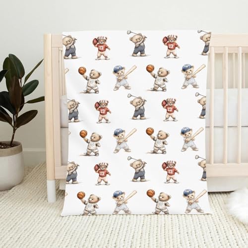 Cute Sport Bears Golf Baseball Basketball Baby Boy Girl Blankets Sports Lover Gift White Flannel Fluffy Blanket for Baby Breathable Toddler Blanket for Crib Stroller Bed Travel Beige 50x60inch - Image 2