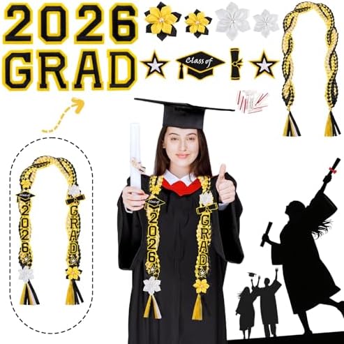 Class of 2026 Graduation Leis,Double Black & Gold Graduation Ribbon Lei with Dly Butterfly Flower Accessories, Graduation Gift for Her Him Graduate - Image 5