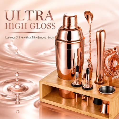 Rose Gold Cocktail Shaker Set, Premium 18/8 Stainless Steel Mixology Bartender Kit with Stylish Bamboo Stand 10-Piece Bar Tools & Accessories for Home Decor - Gift for Women, Mom, Wedding - Image 4