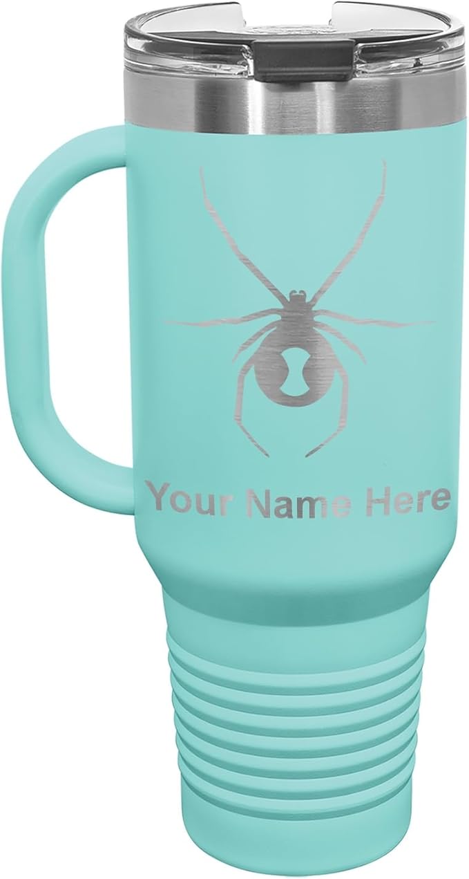 LaserGram 40oz Vacuum Insulated Travel Mug with Handle, Black Widow Spider, Personalized Engraving Included (Teal)