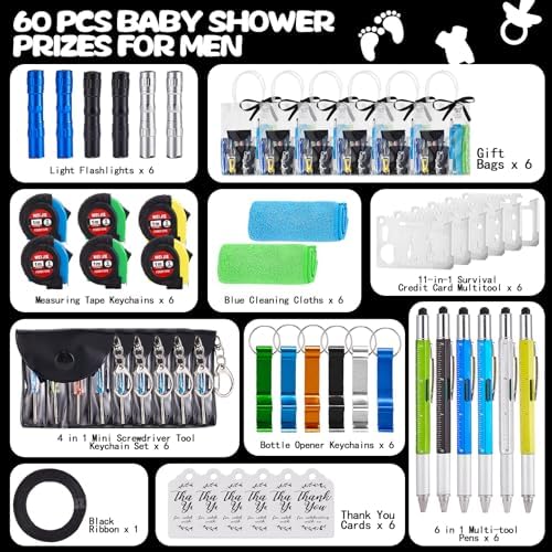 60PCS Baby Shower Prizes for Men 6 Set with Cleaning Cloth Bottle Opener Screwdriver Tape Measuring Keychain Multi Tool Pen Gift Bag Baby Shower Game Prizes for Winner Bachelor Party - Image 3