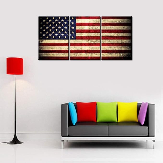 American Flag Retro Paintings Red Blue Stripes Pictures for Living Room Patriotic Artwork 3 Panel Prints Wall Art on Canvas Modern Home Decorations Framed Gallery-Wrapped Ready to Hang(42''Wx20''H)