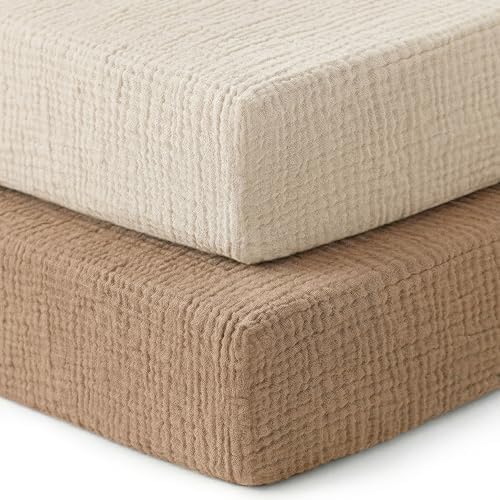 Muslin Crib Sheets, 2 Pack, Fitted for 52"x28" Crib Mattress, Brown & Beige by ProGoleem