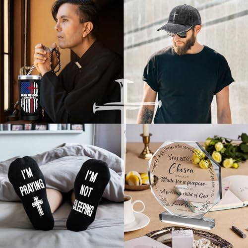 10 Pcs Christian Gifts for Men Faith, Inspirational Religious Gifts, Catholic Gift with 20 Oz Tumbler Bible Verses Crystal Plaque Hat Socks Bracelet Keychain for Husband, Dad, Grandpa, Friends - Image 5