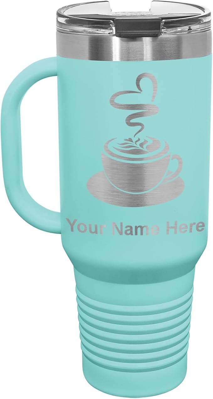 LaserGram 40oz Vacuum Insulated Travel Mug with Handle, Cup of Coffee, Personalized Engraving Included (Teal)