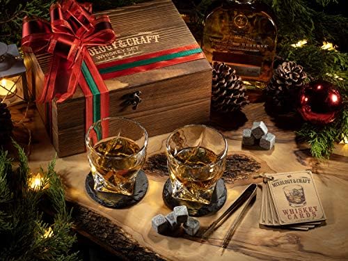 Mixology Whiskey Stones Gift Set for Men - Pack of 2, 10 oz Whiskey Glasses w/ 8 Granite Chilling Rocks, 2 Coasters, Metal Tong & Cocktail Cards in Wooden Box - Twist - Image 6