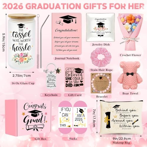 12 Pieces 2026 Graduation Gift Box Set, Class of 2026 Graduation Gift Basket with 16 Oz Glass, Socks, Bear Towel, Journal Notebook, Makeup Bag, Bracelet, Keychain for High School College Gifts - Image 2