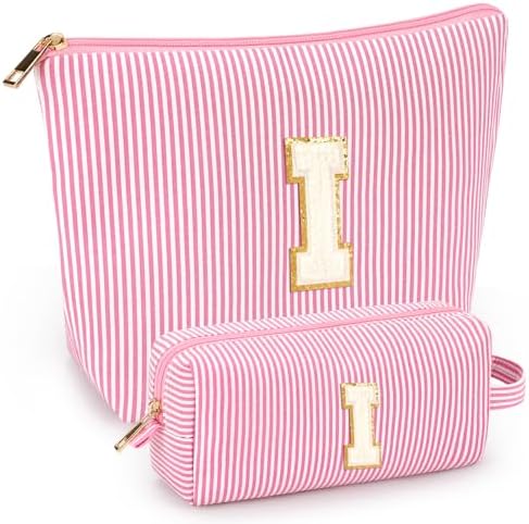2 PCS Initial Makeup Bags for Women: Cosmetic Bag for Travel Toiletry - Birthday Gifts for 11 12 13 14 15 16 17 18 Years Old Girl Graduation Teacher Gift- Teen Girl Gifts Trendy Stuff - Pink I by mibasies
