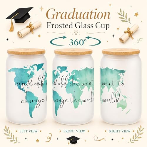 Frerdui Graduation Gift for Her – And Off She Went to Change the World 16oz Glass Cup, Cute Grad Gift for College High School Graduate, Grad Gift for Daughter Niece Granddaughter Friend - Image 4