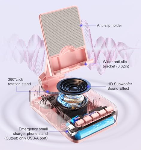Gifts for Women Girls, Phone Stand with Bluetooth Speaker and Charging Function 360° Rotable Angle Adjustable Cell Phone Holder with HD Stereo Sound Fits All Phones,Tablet (Pink) - Image 3