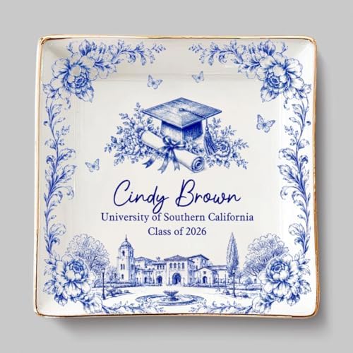 Wrappiness Personalized Graduation Trinket Tray for Girl Women - Toile de Jouy Custom College High School Ring Dish Grad Gift for Daughter, Class of 2026 Graduation Gift for Her Ceramic Jewelry Dish - Image 6