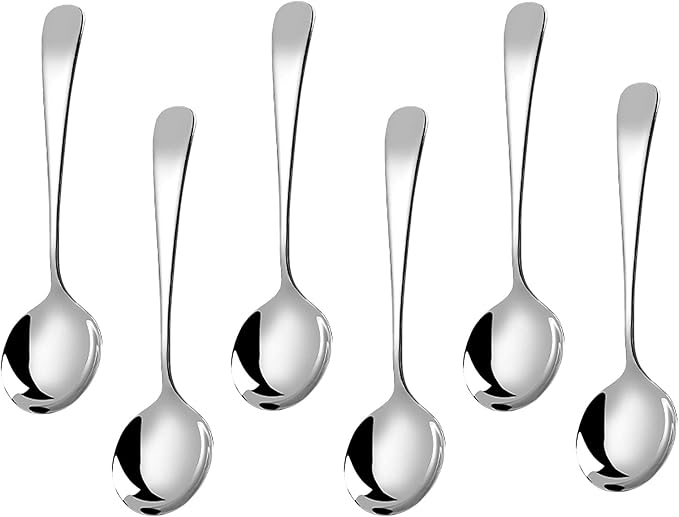 Metal Soup Spoons,Stainless Steel Spoons for Soup Round Colorful Dinner Spoons Thick Short handle Table Spoon 6.3-Inch, Set of 6 (Sliver)