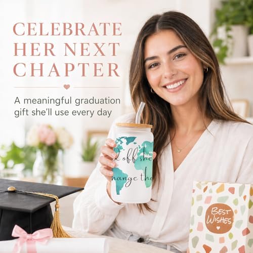 Frerdui Graduation Gift for Her – And Off She Went to Change the World 16oz Glass Cup, Cute Grad Gift for College High School Graduate, Grad Gift for Daughter Niece Granddaughter Friend - Image 6