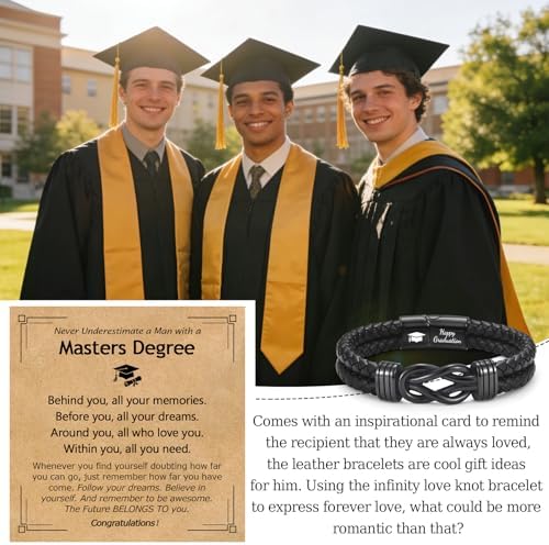 EPIRORA Graduation Jewelry Gifts for Him- Black Braided Leather Bracelets for Men, Cool Class of 2026 5th Grade 8th Grade Middle School College Master Degree Graduation Gifts - Image 2