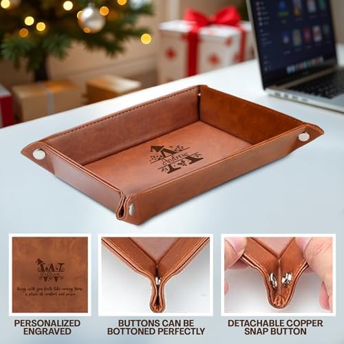 Engraved Leather Valet Tray – Personalized Mens Dresser Organizer Tray with Custom Name – Christmas Gift for Dad, Husband, or Men – Nightstand Organizer - Image 3