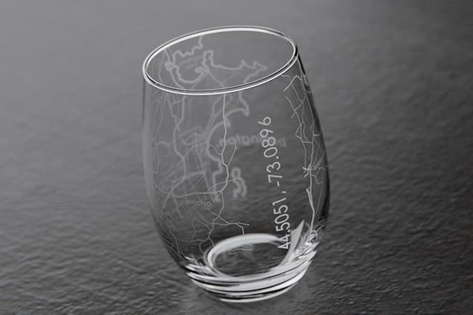 Well Told Engraved Burlington Vermont Map Stemless Wine Glass, Etched Glass (15 oz, Clear) City Custom Gifts for Lovers