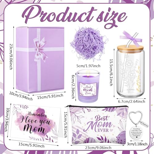 Bokon 6 Pcs Birthday Gifts for Mom Best Mom Ever Gifts Box Set with 16oz Glass Cup Scented Candle Makeup Bag from Daughter Son for Wife Mother Day Party(Purple) - Image 3