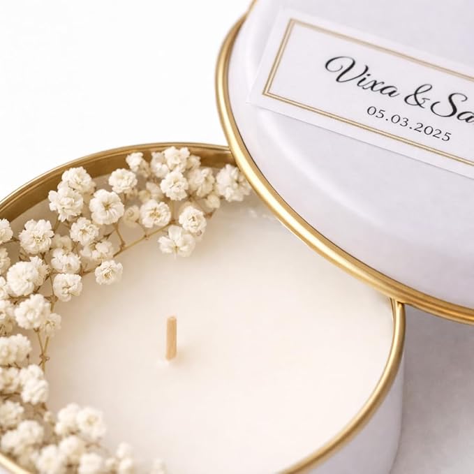 Personalized Natural Soy Wax Wedding Favor Candle Gift Set for Guest - Fall Winter Christmas Custom Dried Flower Bridal Baby Shower Gifts in Bulk (30 Pieces, Yellow Flower)