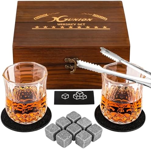 Xgunion Whiskey Stones Gift Set with 2 Glasses Stones & Coasters by XGUNION