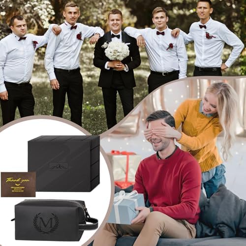 Personalized Gifts Travel Toiletry Bag for Men Engraved Initial PU Leather Waterproof Shaving Bag for Toiletries Accessories Fathers Day Birthday Gift for Men Dad Husband Son, Black Q - Image 2