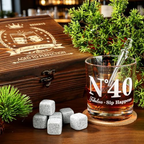40th Birthday Gifts for Men, Vintage Whiskey Glass Set with Granite Stones - Image 2