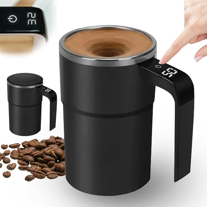 Automatic Magnetic Stirring Coffee Mug with Temperature Display, Rechargeable Stirring Mugs, Multifunctional Spin Mug Birthday Gift for Home Office Kitchen Travel Birthday Gift (Black)