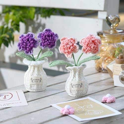 Crochet Paris Polyphylla Flower Pot Handmade Knitted Desk Decor Pink Potted Plant for Home Office - Image 4