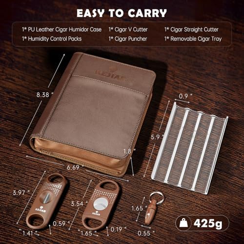 KEJIAR Cigar Humidor Case, Portable Cigar Box with Straight Cutter, V Cutter, Hole Puncher, Humidifier Packs, Travel Humidor and Cigar Accessories Gift Set Leather Cigar Case (Brown) - Image 2