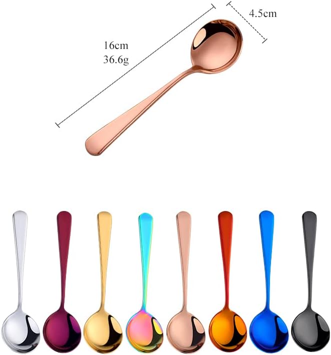 Buyer Star 8 Pieces Stainless Steel Round Soup Spoon, 6.3 Inch Mirror Polished Spoon Cutlery, Dishwasher Safe (Mixed color)