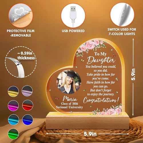 Hyturtle Personalized Graduation Night Light - Custom Photo Acrylic Plaque with Multicolor LED- Inspirational College Grad Gifts for Daughter from Mom - Senior 2026 Graduation Gifts Her Him - Image 4