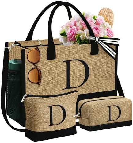 YOOLIFE Personalized Gifts for Women, Initial Jute Tote Bag & 2 Makeup Bags by YOOLIFE