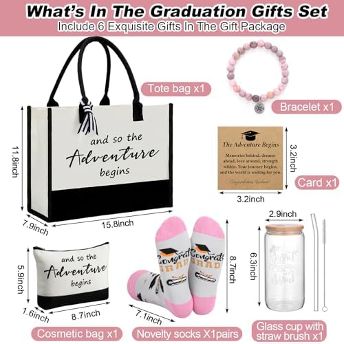 Thyle 6 Pcs Graduation Gifts for Her 2026 College Congratulations Grad Gifts for Women and So the Adventure Begins Tote Bag Makeup Bag Socks Bracelet Card Cup for Women High School Daughter Friends - Image 3