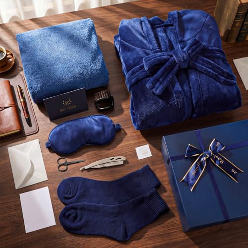 9 Pcs Birthday Gifts for Men Beard Care Set for Him Father's Gifts Basket Kit Get Well Soon Gift Basket with Hooded Robe, Long Towel, Socks for Dad Grandpa Husband Boyfriend(Navy) - Image 4