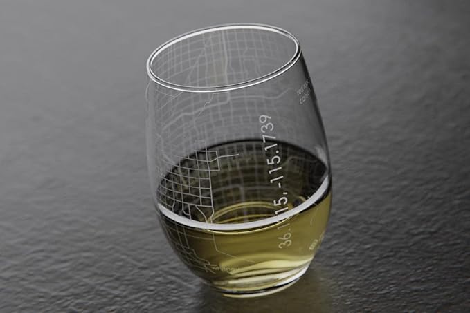 Well Told Engraved Las Vegas Nevada Map Stemless Wine Glass, Etched Glass (15 oz, Clear) City Custom Gifts for Lovers