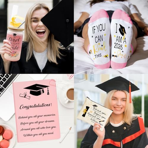 12 Pieces 2026 Graduation Gift Box Set, Class of 2026 Graduation Gift Basket with 16 Oz Glass, Socks, Bear Towel, Journal Notebook, Makeup Bag, Bracelet, Keychain for High School College Gifts - Image 4
