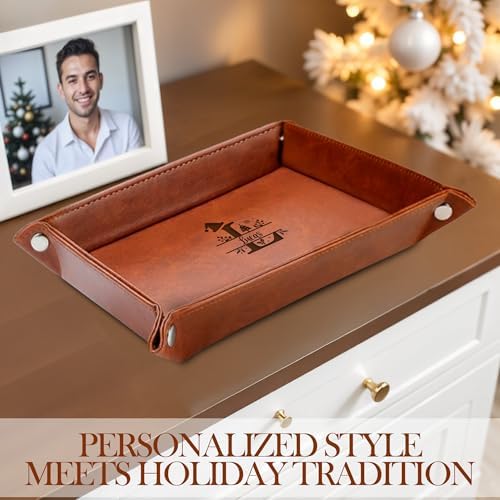 Engraved Leather Valet Tray – Personalized Mens Dresser Organizer Tray with Custom Name – Christmas Gift for Dad, Husband, or Men – Nightstand Organizer - Image 6