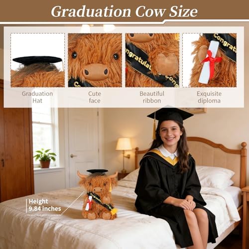 Graduation Decorations 2026 Highland Cow Plush，9.84 Inch Class of 2026 Graduation Plush Cow Stuffed Animal,Cute Graduation Gifts for Kindergarten, High School, and College Graduates (Highland cow) - Image 2