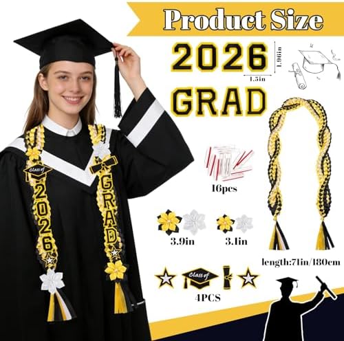 Class of 2026 Graduation Leis,Double Black & Gold Graduation Ribbon Lei with Dly Butterfly Flower Accessories, Graduation Gift for Her Him Graduate - Image 2