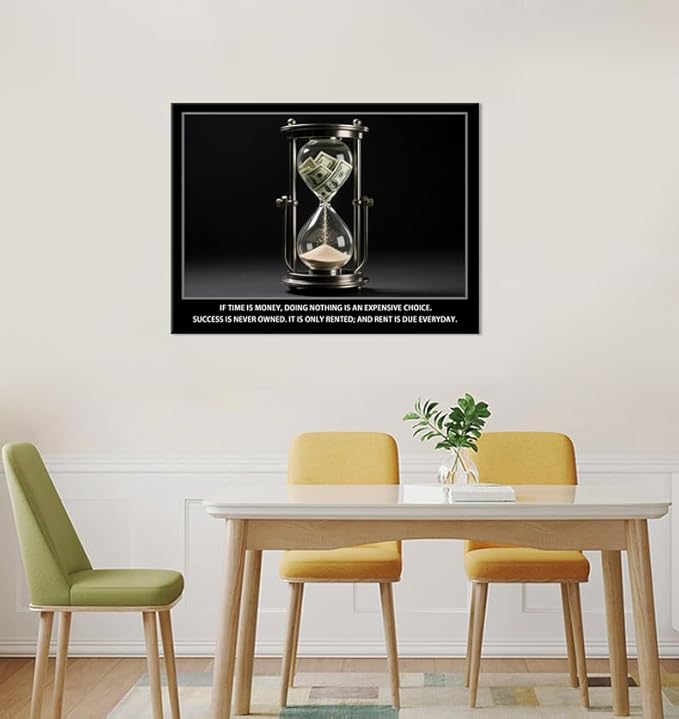Time Is Money quote Motivational Wall Decor Cherish Inspirational Wall Art Hourglass Poster Canvas Painting Prints Wall Pictures for Home Office Gym Classroom Decor Framed Artwork [30''W x 40''H]