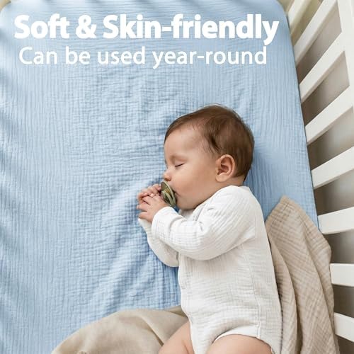 Muslin Pack and Play Sheet, 100% Cotton Playard Sheet (39"x27"), Breathable & Soft Mattress Pad Cover, Boho Blue for Boys(1 Pack) - Image 5