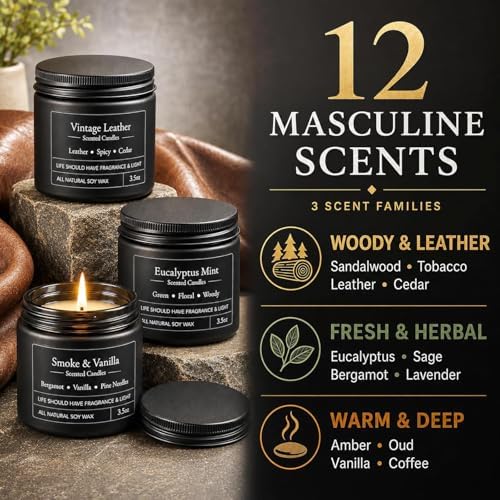 YMing 12 Pack Scented Candles for Men, Masculine Soy Candle Gift Set, 3.5 oz Each, Woody Leather Tobacco Coffee & Amber Scents, Gifts for Men Dad Husband Boyfriend - Image 2